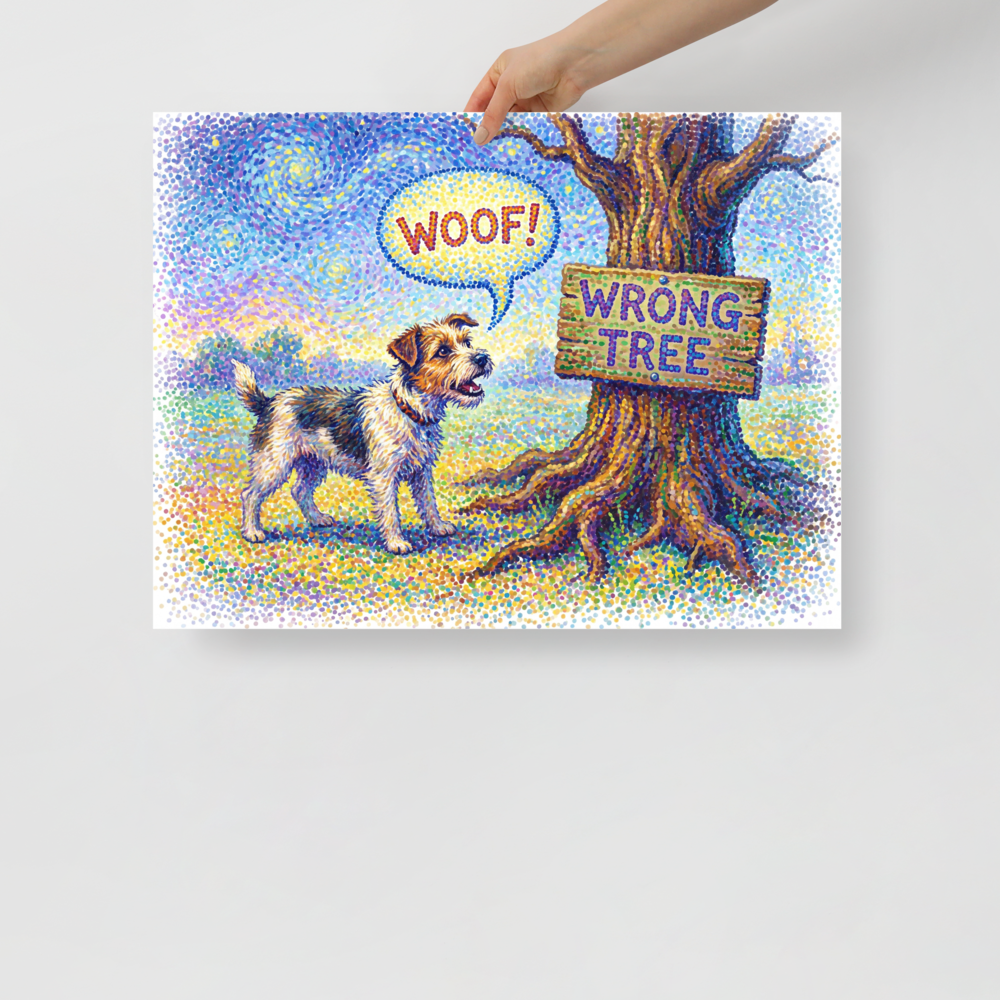 A amusement / humorous Pointillism print, 'Barking Up the Wrong Tree'. A humorous pointillist painting of a dog barking at a tree with a sign that says 'WRONG TREE', perfect for a playful Game Room or Playroom.