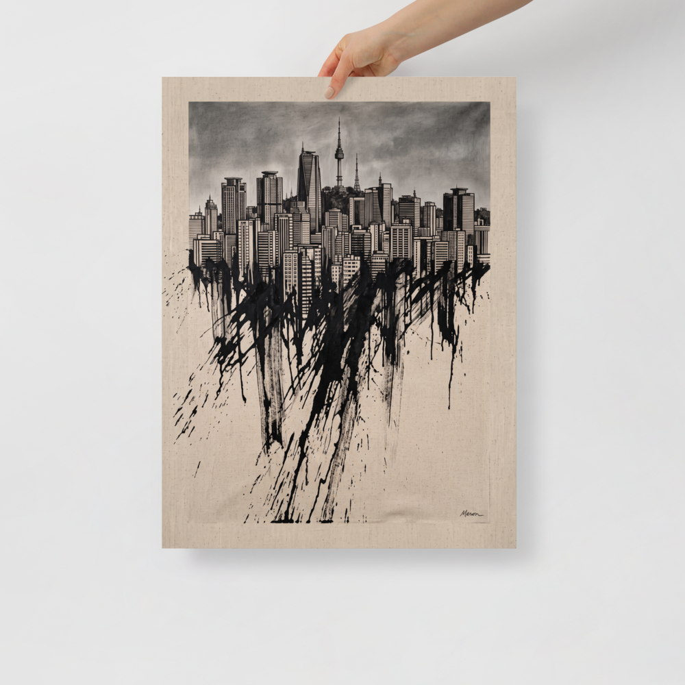 Monochrome architectural illustration of Seoul skyline dissolving into heavy black ink drips, ideal for office or living room wall art. Shown here as the Expressionism print 'Seoul Melting into Ink'.