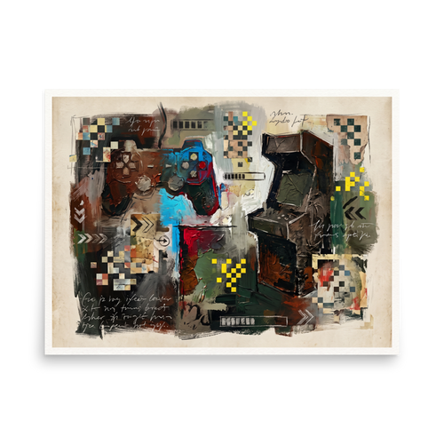 An impasto painting of a retro video game controller and arcade cabinet with pixel details, creating striking wall decor for a game room. A Dau-al-Set print with a impasto look, titled 'Arcade Relic'.