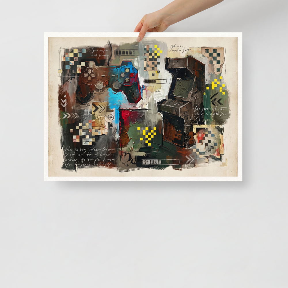 Dau-al-Set wall art exploring video games, 'Arcade Relic'. An impasto painting of a retro video game controller and arcade cabinet with pixel details, creating striking wall decor for a game room.