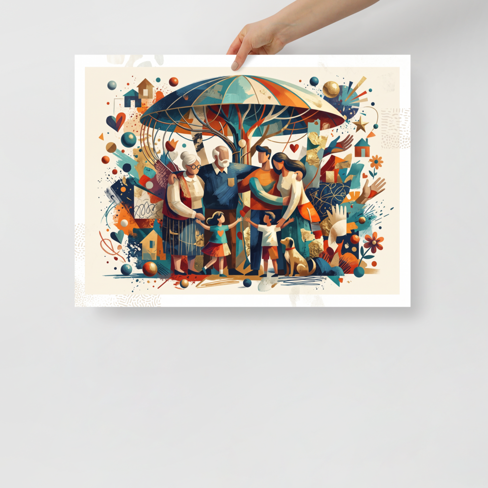 A heartwarming illustration of a multi-generational family and their dog under a stylized tree canopy in teal and orange, perfect for a cozy living room. Shown here as the Figurative art print 'Under the Family Canopy'.