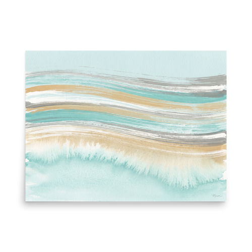 Serene coastal abstract watercolor painting with turquoise waves in a relaxing bedroom. A Abstract art print with a watercolor painting look, titled 'Coastal Waves'.