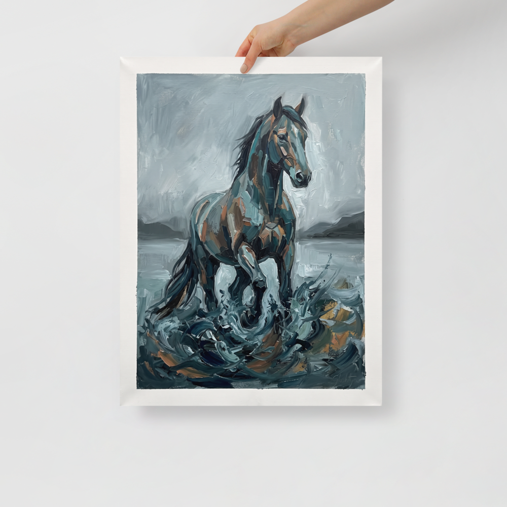 An impasto oil painting of a majestic horse emerging from crashing water in dark greys and teals, perfect for a moody Office. 'The Water Horse', a Impressionism print for the wall.