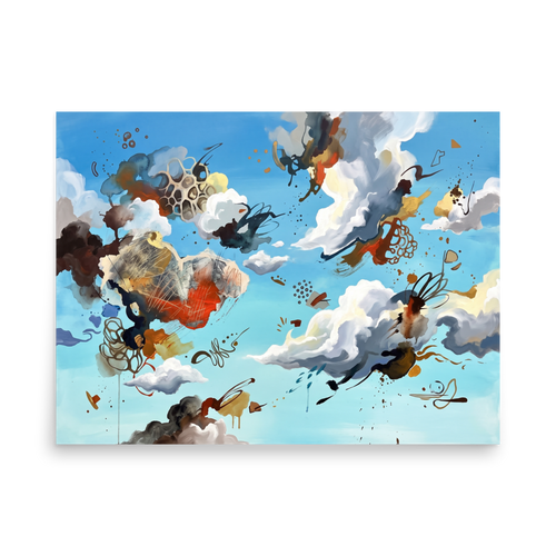'Celestial Alchemy', part of Meron's Dau-al-Set wall art. Abstract cloud formations and organic lattices float across a blue sky in this dynamic modern artwork for a serene office space.