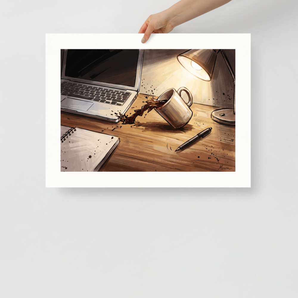 'The Coffee Spill', part of Meron's Digital art wall art. An expressive illustration of coffee spilling onto a desk next to a laptop under lamp light in an office.