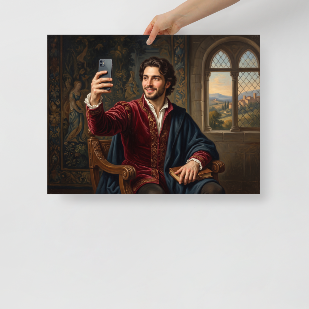 'The Courtly Selfie'. An oil painting of a smiling Renaissance nobleman in crimson velvet holding a book and taking a selfie with a smartphone before a classical landscape window, perfect for a living room. Offered as a Renaissance print.