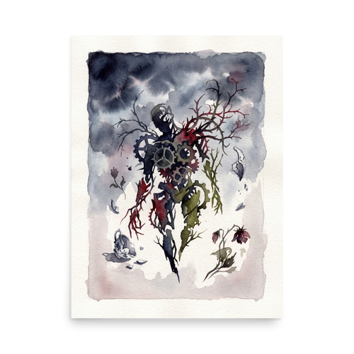 A surreal watercolor painting of a human silhouette made of clockwork gears and thorny tree branches next to a shattered teacup and wilting flowers, ideal for a studio. Available as the Surrealism art print 'Clockwork Fragility'.