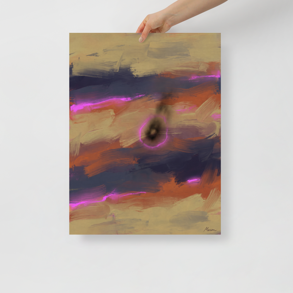 Abstract expressionism wall art, 'Neon Singularity'. Electric magenta light streaks and a glowing central void over rust and indigo abstract canvas in a bedroom wall art setting.