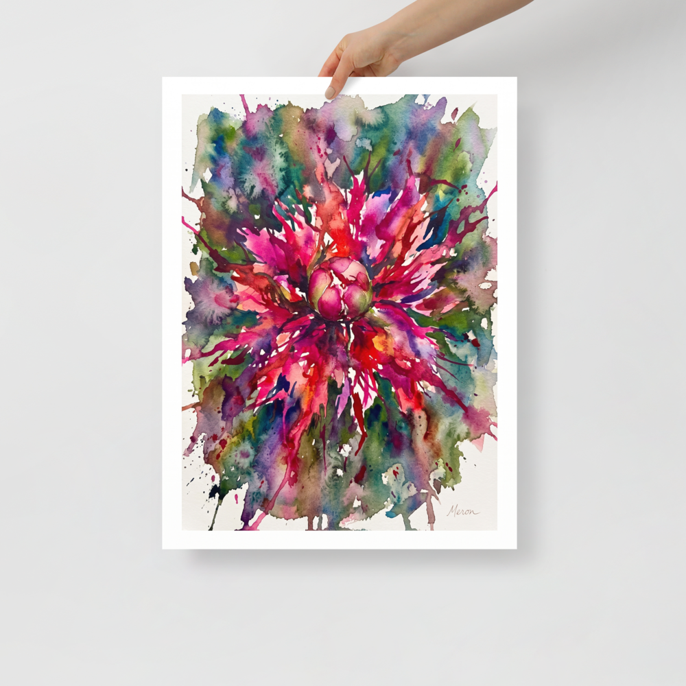 An expressive watercolor illustration of a magenta flower bursting into colorful splashes, ideal for dining room wall art. A Abstract art art print titled 'Botanical Burst'.