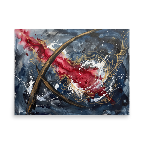 A dynamic abstract expressionist print featuring crimson red washes and metallic gold swirling lines against slate blue and white splatters for a modern living room statement wall. Available as the Abstract expressionism art print 'Crimson Arcs & Slate Echoes'.