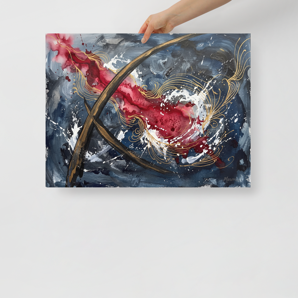 A dynamic abstract expressionist print featuring crimson red washes and metallic gold swirling lines against slate blue and white splatters for a modern living room statement wall. Shown here as the Abstract expressionism print 'Crimson Arcs & Slate Echoes'.