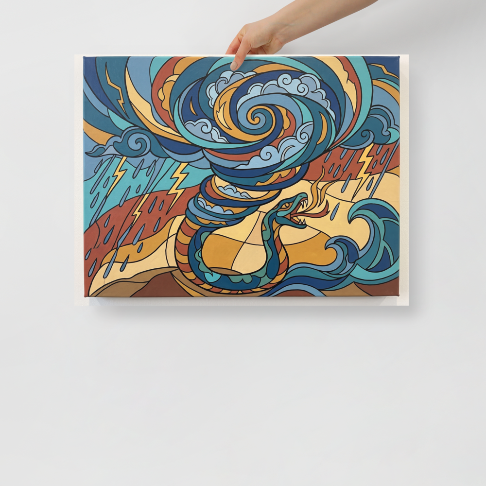 A stained-glass style painting of a serpent summoning a storm vortex in a Game Room decor setting. Shown here as the Art Nouveau print 'Quetzalcoatl's Tempest'.