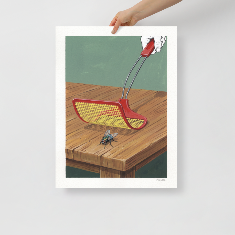 A amusement / humorous scene in red and green, 'The Impending Strike'. Quirky pop illustration of a red fly swatter about to swat a fly on a wooden table, ideal for kitchen wall art.