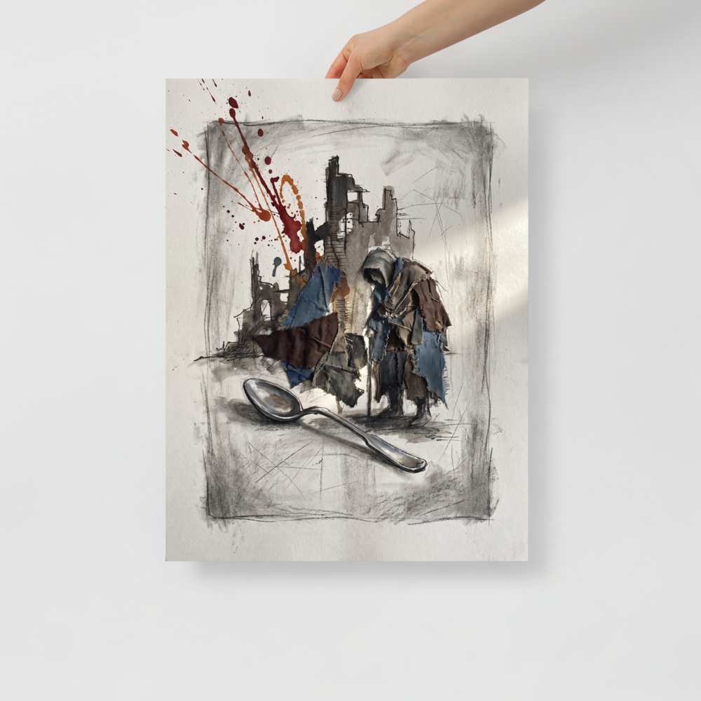 An expressive mixed-media drawing featuring a hooded figure made of fabric rags standing by a giant spoon amidst charcoal ruins with a splash of red paint, ideal for a studio. A brooding piece titled 'The Weight of the Spoon'.