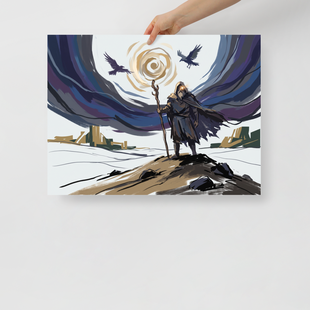 'The Wanderer's Eye', part of Meron's Digital art wall art. A digital illustration of Odin wandering in a snowy landscape with two ravens and a glowing sky, ideal for a cozy Den or Office.