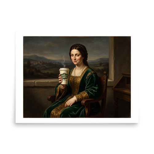 Wall art print 'Cappuccino Santo' in a Renaissance style. An oil painting of a Renaissance lady in a green velvet gown with a Mona Lisa smile holding a steaming paper coffee cup labeled Cappuccino Santo, perfect for a kitchen or dining room.