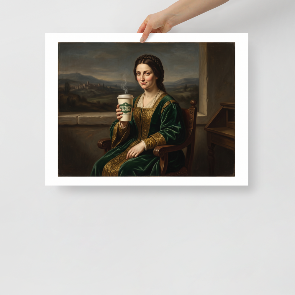 Fine art print 'Cappuccino Santo' in a Renaissance style. An oil painting of a Renaissance lady in a green velvet gown with a Mona Lisa smile holding a steaming paper coffee cup labeled Cappuccino Santo, perfect for a kitchen or dining room.