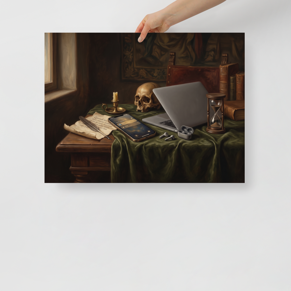 'Digital Vanitas' by Meron. A dark oil painting in the classical Vanitas style showing a skull, hourglass, and candle resting on a green tablecloth beside a modern laptop and smartphone, ideal for an office. A Vanitas wall art print.