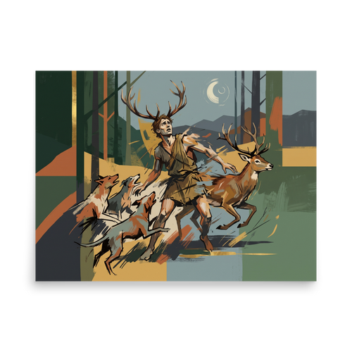 Modern graphic art print depicting the myth of Actaeon transforming into a stag, ideal for a office wall. A Modernism art print titled 'Actaeon's Fate'.