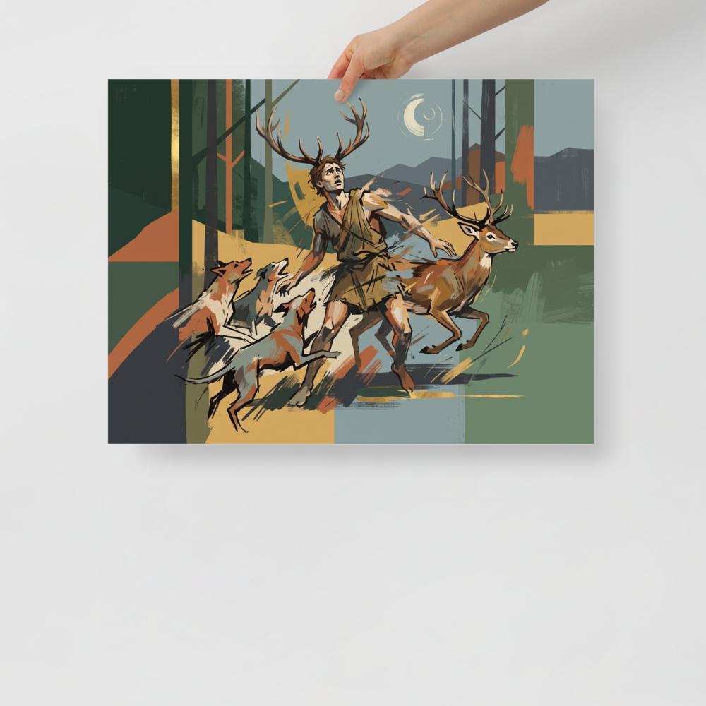 Modern graphic art print depicting the myth of Actaeon transforming into a stag, ideal for a office wall. A Modernism print in dark olive green and peru, 'Actaeon's Fate'.