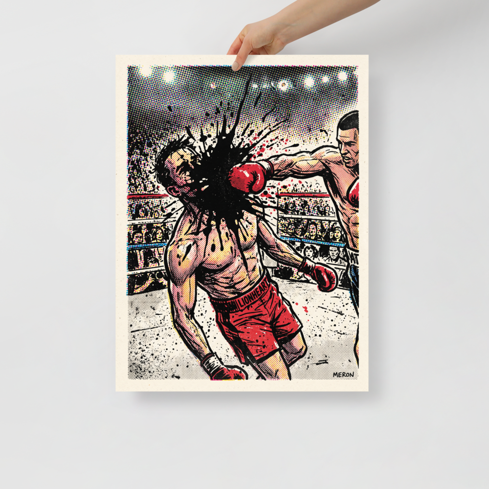 Fine art print 'Halftone Knockout: Lionheart' in a Pop art style. Vintage comic book halftone print of a boxing knockout punch with black ink splatter impact, ideal wall art for a gym or man cave.