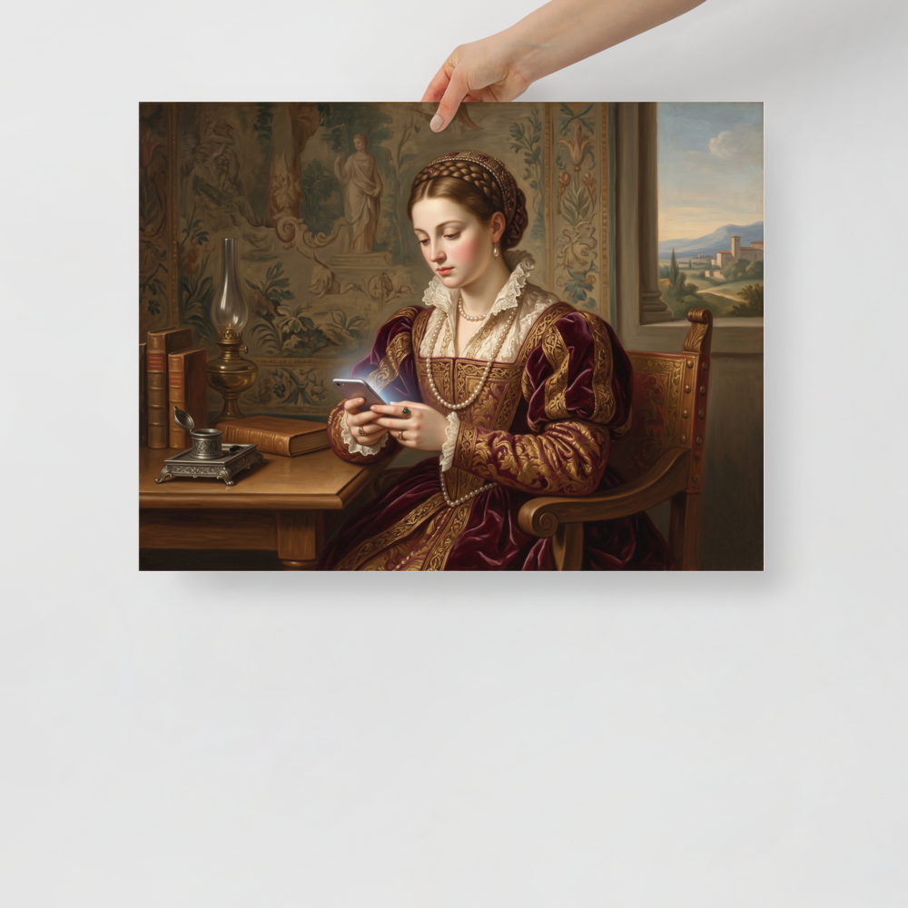 'The Digital Epistle', part of Meron's Renaissance wall art. An oil painting of a Renaissance noblewoman in crimson velvet and pearls looking down at the soft glow of a smartphone by a table with books, fitting for a living room or bedroom.