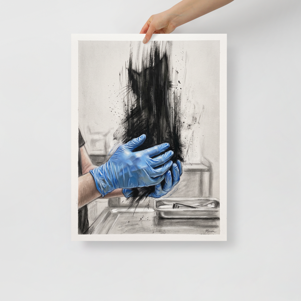 Surreal pencil and charcoal illustration of blue gloved hands holding a cat silhouette dissolving into dark ink strokes, suitable for clinic or studio wall art. 'Ephemeral Feline Examination', a Surrealism print for the wall.