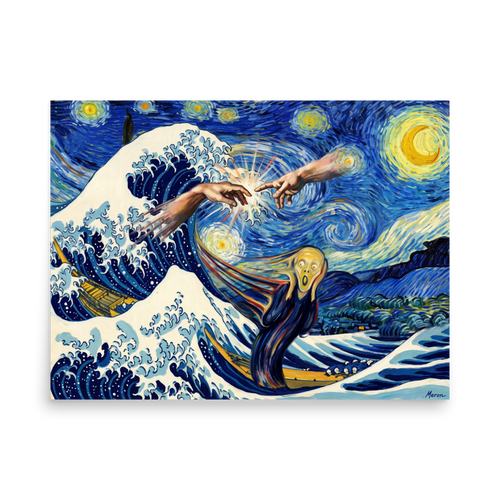 A wonder / awe scene in blue and yellow, 'Cosmic Collision of Masterpieces'. Surreal art mashup poster combining Van Gogh's Starry Night sky, Hokusai's Great Wave, Creation of Adam hands, and Munch's Scream figure, ideal for living room wall art.