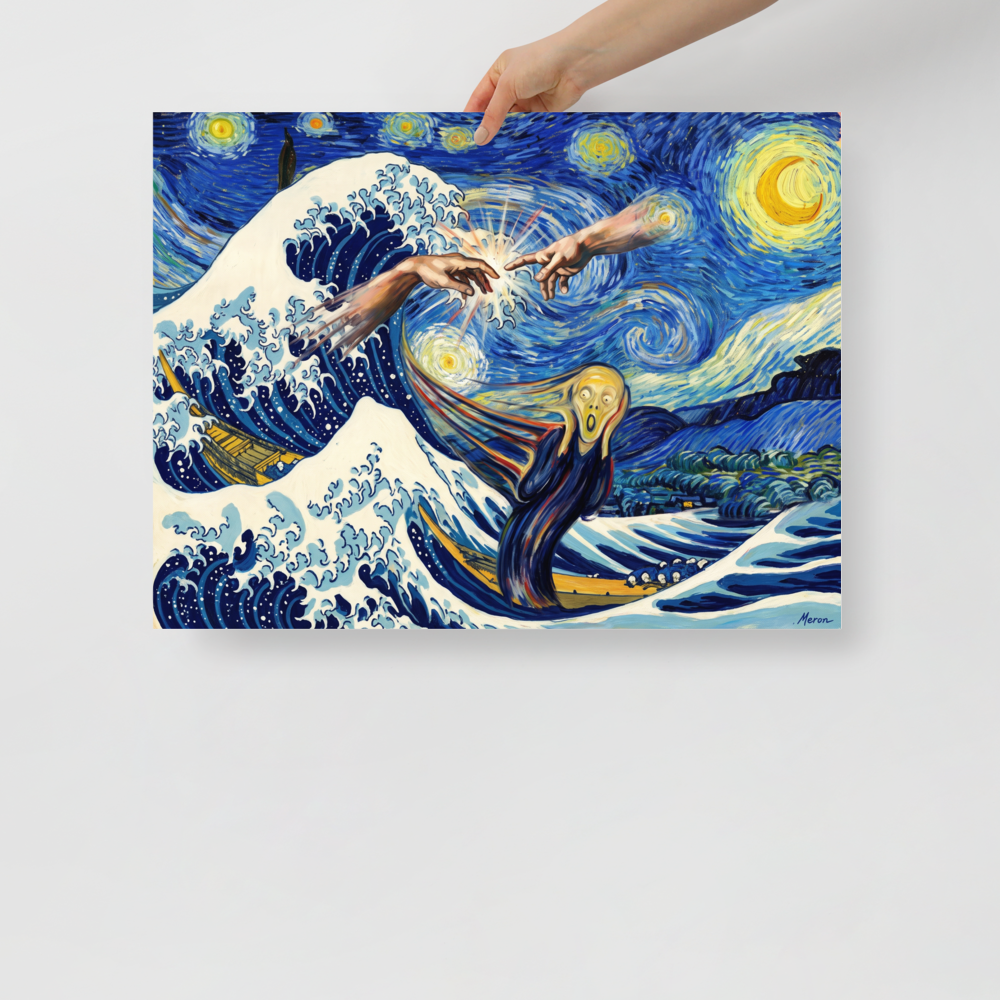 Surreal art mashup poster combining Van Gogh's Starry Night sky, Hokusai's Great Wave, Creation of Adam hands, and Munch's Scream figure, ideal for living room wall art. Shown here as the Post-Impressionism print 'Cosmic Collision of Masterpieces'.