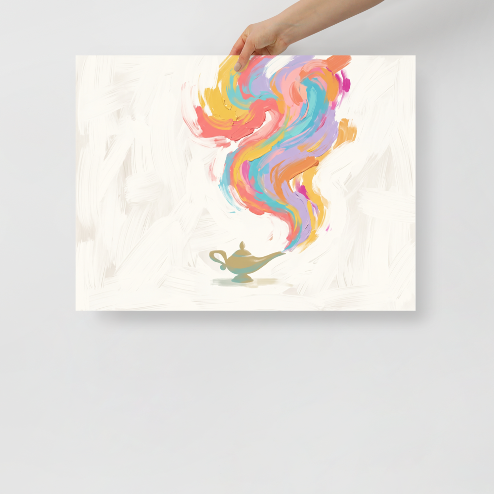 A minimalist painting of a brass genie lamp releasing colorful smoke in a living room on a neutral backdrop. 'Genie's Release', a Abstract art print for the wall.