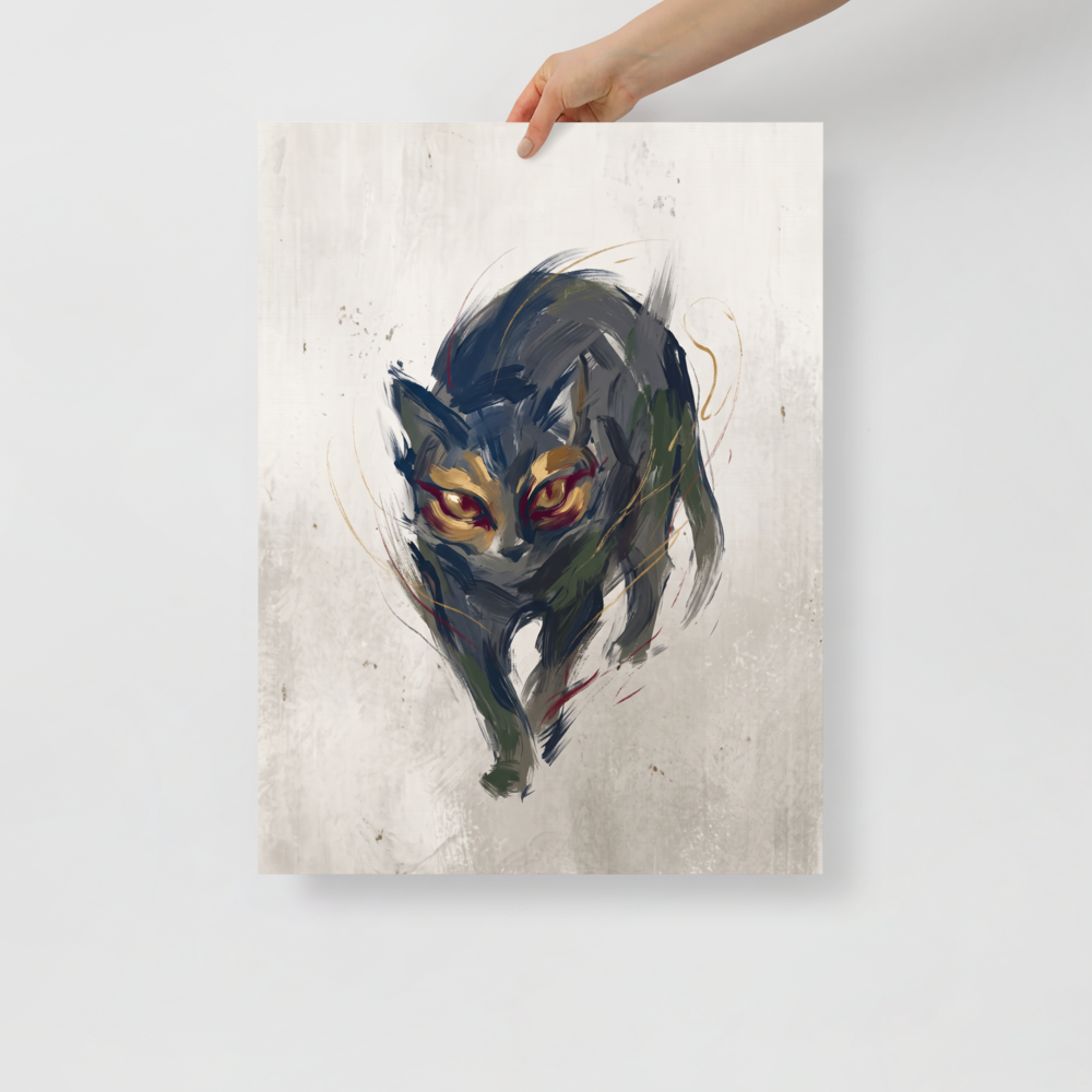 Expressive artwork of a shadowy mythological black cat with piercing golden eyes for a hallway or bedroom wall. A Expressionism art print titled 'Eyes of Bastet'.