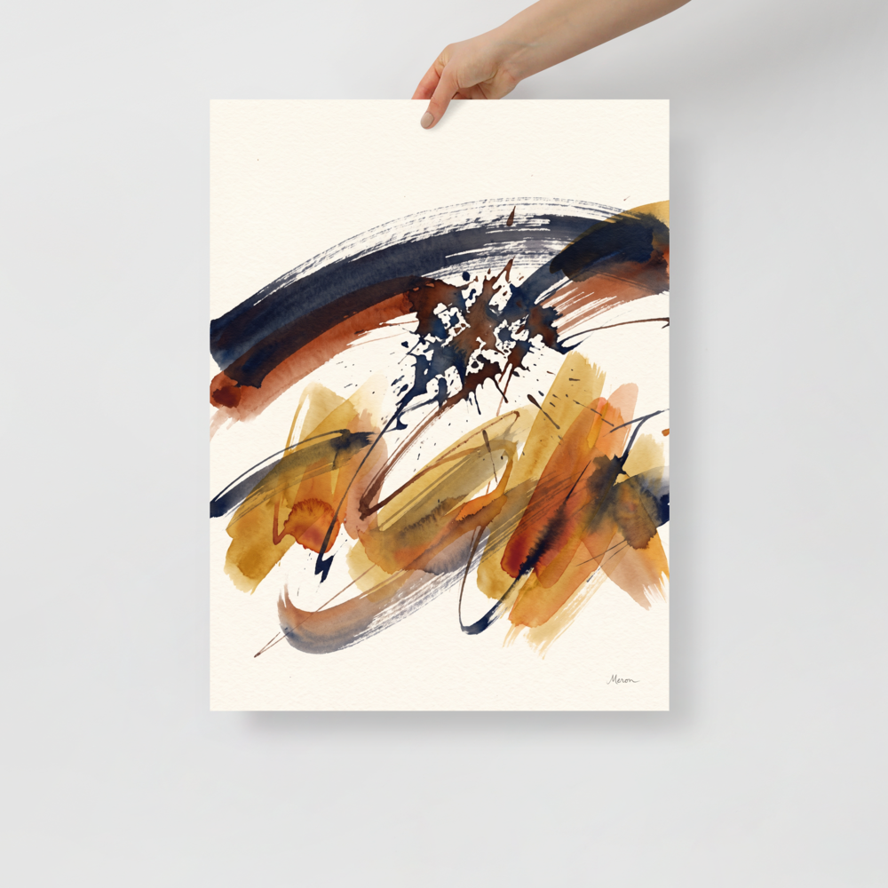 'Sienna Momentum', a Abstract art wall art print. An abstract watercolor composition with sweeping ochre and navy ink strokes against a textured cream background in a living room.
