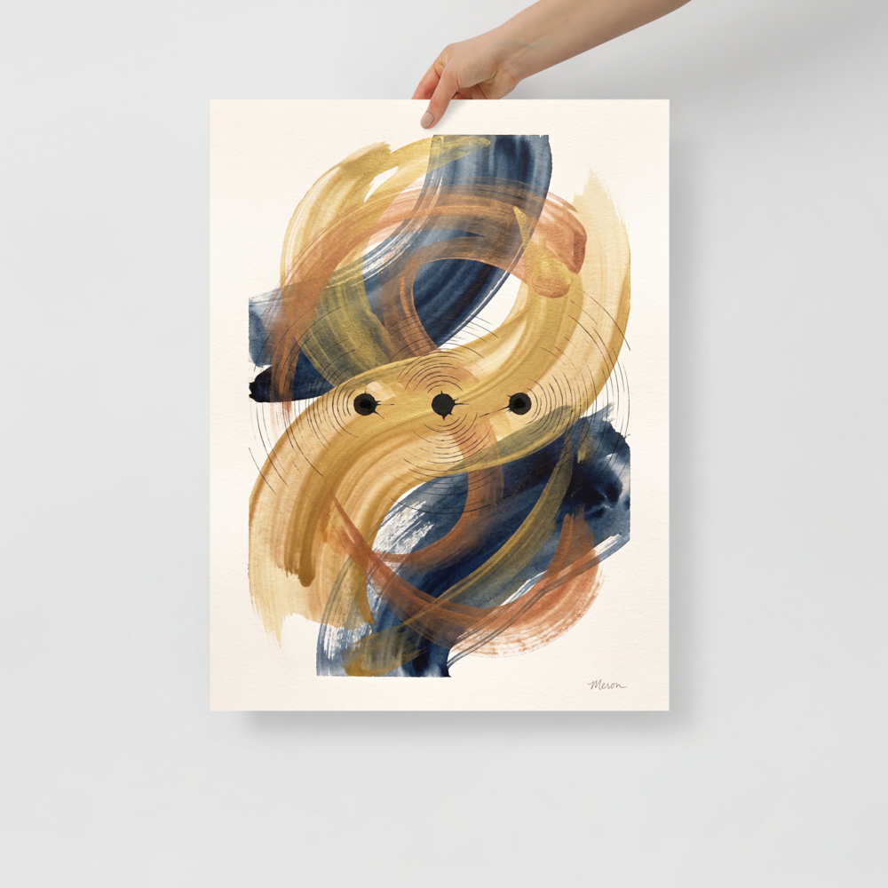 Fluid gold and navy watercolor brushstrokes with concentric geometric lines surrounding three black nodes in a dining room wall art piece. 'Orbital Equilibrium', a Abstract expressionism print for the wall.