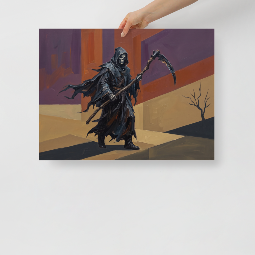 Expressionism wall art exploring mythology, 'Passage of the Reaper'. An expressive oil painting of the Grim Reaper with a scythe in a dark academia hallway wall art design.