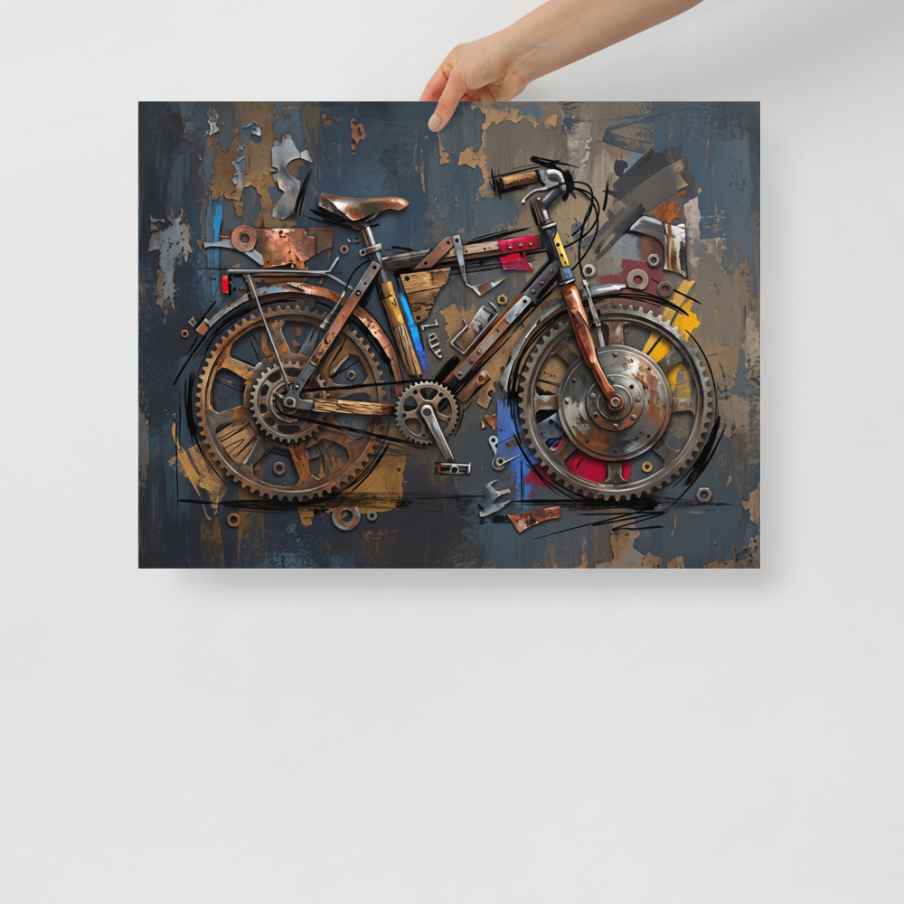 An assemblage and industrial painting of a bicycle built from layered gears, cogs, and wood planks against a distressed slate grey wall, perfect for a man cave or office. 'Mechanical Cadence', a Dau-al-Set print for the wall.
