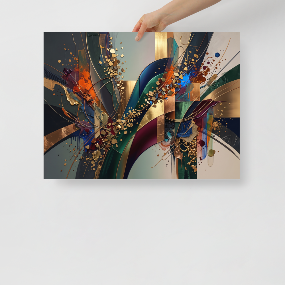 Fine art print 'Golden Trajectory and Flow' in a Abstract expressionism style. A striking luxury abstract composition of golden ribbons, dark green brushstrokes, and metallic fragments, perfect for elevating a boardroom or living room.