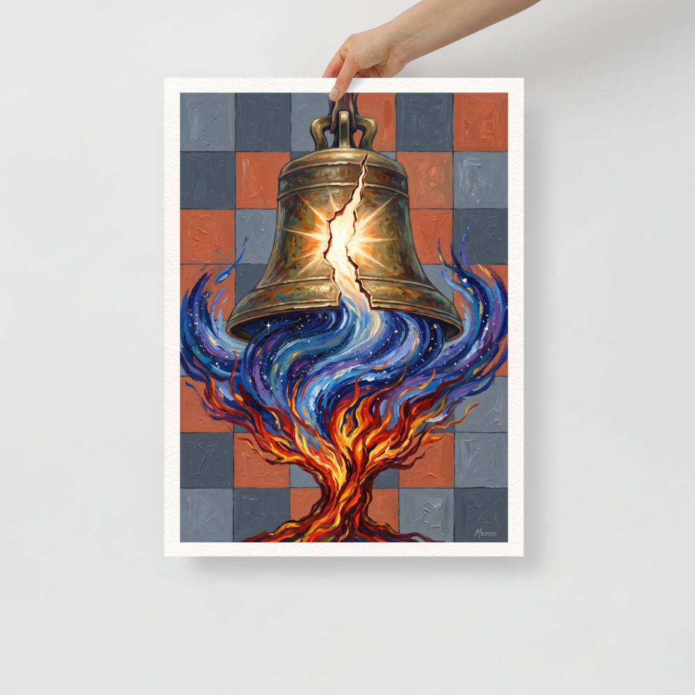 'Resonance of the Fractured Bell' by Meron. A powerful symbolic art print featuring a cracked bronze bell pouring cosmic starlight into flames against a checkered wall for an office or study. A Symbolism wall art print.