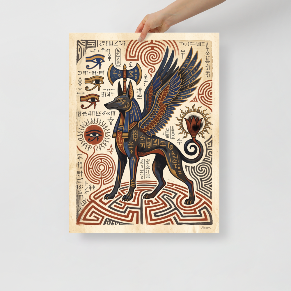 'Guardian of the Labyrinth'. An Egyptian mythological art print featuring a winged jackal guardian with Eye of Horus symbols on papyrus parchment for a library or office. Offered as a Symbolism print.