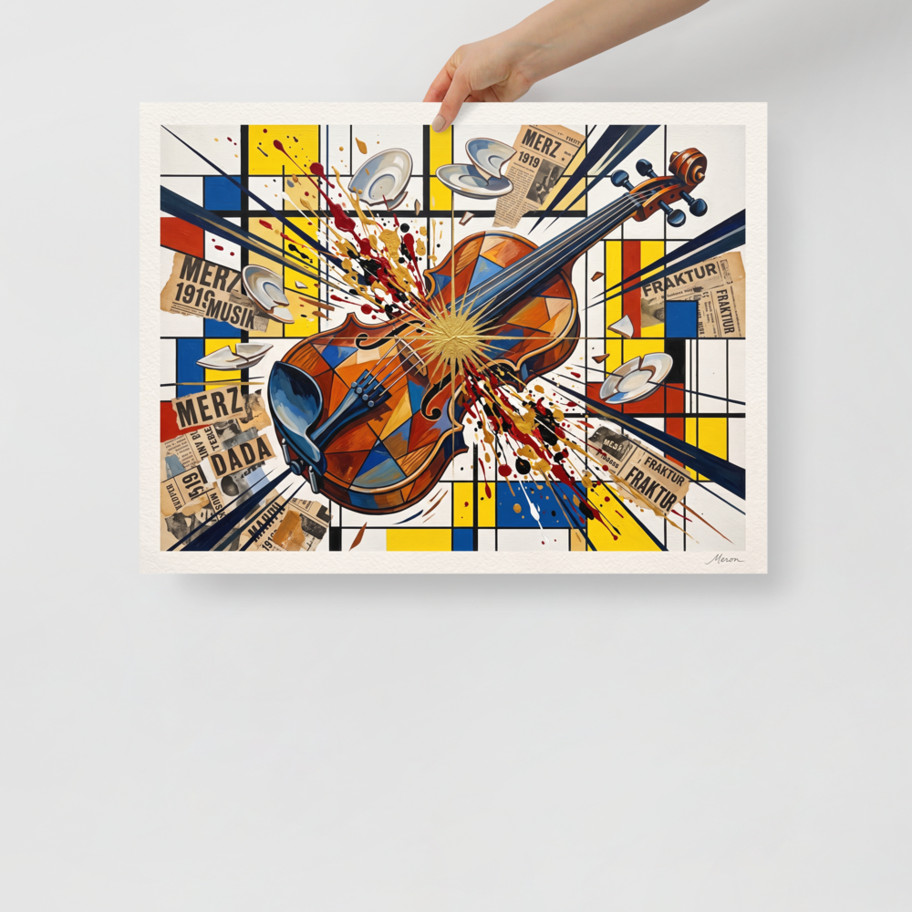 Avant-garde Dada collage print showing an exploding violin with golden paint splatters over a Mondrian grid, ideal for an office wall. A Dada art print titled 'Merz Violinkonzert'.