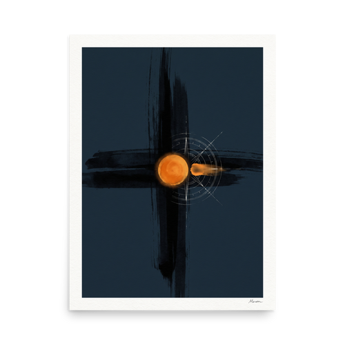 'Celestial Navigation', Abstract art wall art in midnight blue and orange. A glowing orange celestial orb with fine white compass rose markings centered on dark cross brushstrokes in an office wall art composition.