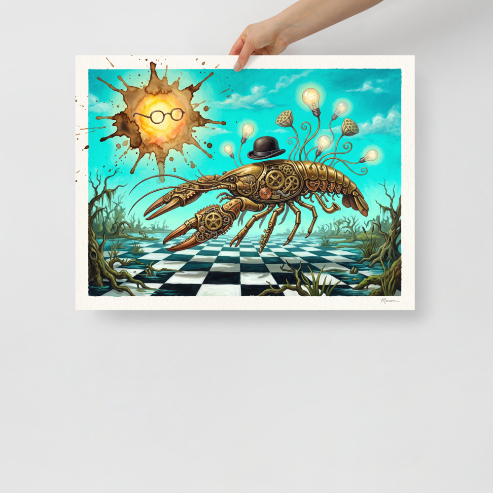 Wall art print 'The Clockwork Lobster' in a Surrealism style. Steampunk mechanical lobster painting with lightbulb tendrils displayed in a man cave.