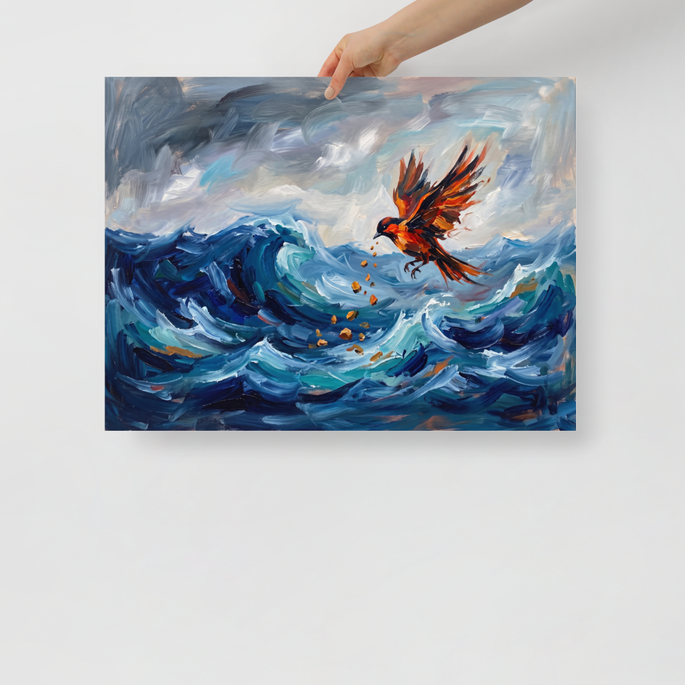 Expressionism wall art for the office, 'Jingwei Fills the Sea'. An expressionist oil painting of a bright orange bird dropping small stones into a dramatic, stormy blue ocean, ideal for an inspiring home office.