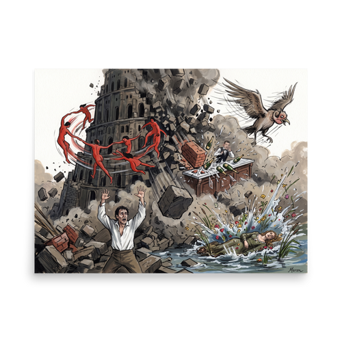 A chaotic pop art illustration of the Tower of Babel collapsing as Matisse's red dancers swirl overhead and Goya's figure reacts below, perfect for a living room. A Pop art print in gray and red, 'Collapse of Babel'.