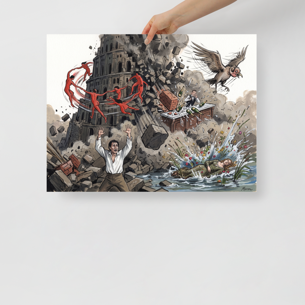 Wall art print 'Collapse of Babel' in a Pop art style. A chaotic pop art illustration of the Tower of Babel collapsing as Matisse's red dancers swirl overhead and Goya's figure reacts below, perfect for a living room.