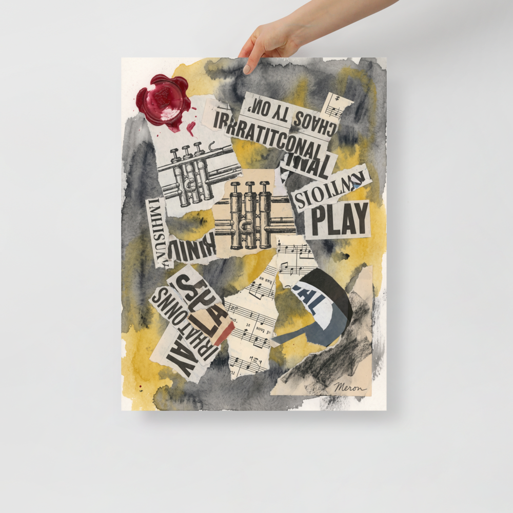 'Irrational Cadence' by Meron. Dadaist paper collage featuring vintage trumpet schematics, sheet music, bold newsprint text, and a red wax seal in a music studio. A Dada wall art print.