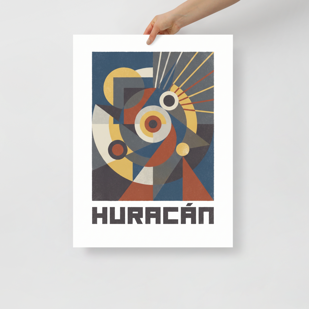 A geometric Bauhaus poster featuring abstract shapes and the word HURACÁN in an Office wall art setting. A Bauhaus print with a digital art look, titled 'Huracán Geometric Poster'.