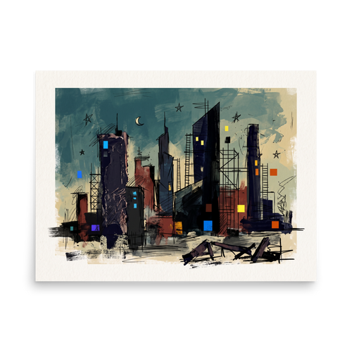 'City of the Crescent'. An expressive nocturnal cityscape with dark skyscraper silhouettes, glowing geometric windows, and a crescent moon against a teal sky, ideal for adding urban intrigue to an office or living room. Offered as a Dau-al-Set print.