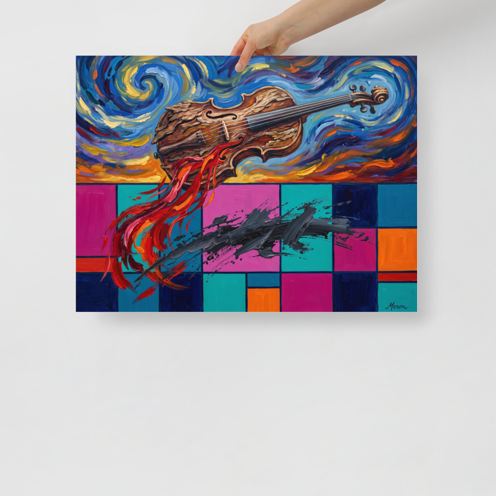 A striking scene in blue and magenta, 'Symphony of Two Realms'. Expressive musical art print featuring a floating wooden violin with swirling starry sky and modern color-blocked grid for a living room wall.