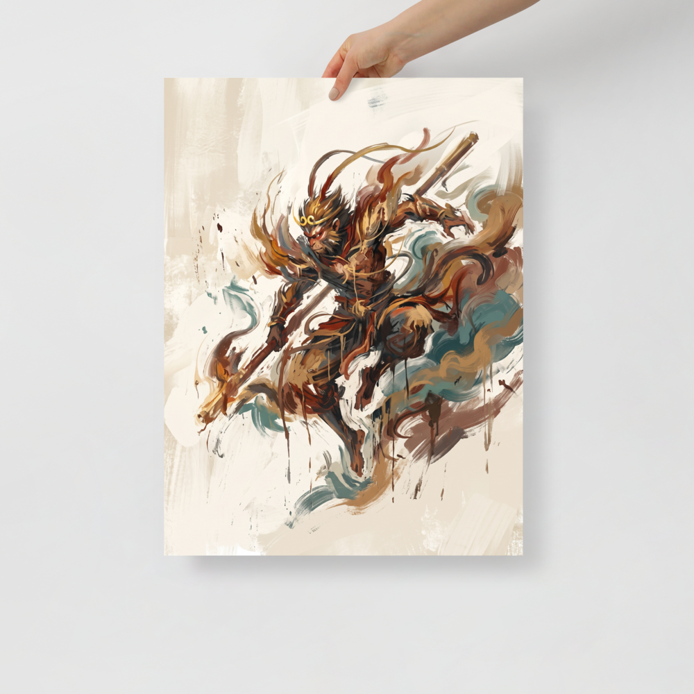 'Sun Wukong Unleashed', a Expressionism wall art print. Expressive painterly print of Sun Wukong the Monkey King in dynamic action, ideal for a living room wall.