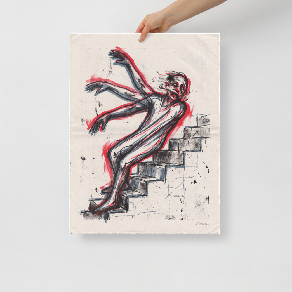 Expressionist art print of a figure tumbling down stairs with red motion blur outlines, ideal for hallway wall art. A Expressionism art print titled 'Descent in Motion'.